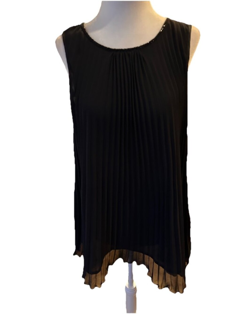 Black Trapeze Pleated Tunic Med Top Beaded Trim Sheer